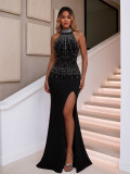 Fashion Beaded High Neck Sleeveless Front Slit Mermaid Evening Dress