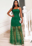 Green Sequin Strapless Mesh Overlay Slim Evening Dress
