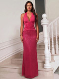Deep V-Neck Ruched Sleeveless Sequin Sexy Evening Dress