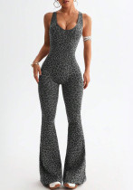 Women Yoga Leopard Print Sleeveless Bell Bottom Jumpsuit