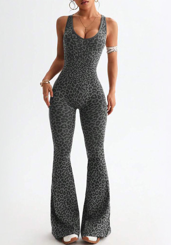 Women Yoga Leopard Print Sleeveless Bell Bottom Jumpsuit