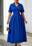 Women's Turndown Collar Short Sleeve High Waist Long Dress