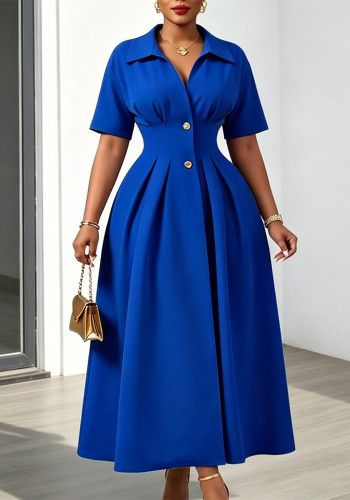 Women's Turndown Collar Short Sleeve High Waist Long Dress