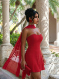 Beaded Strapless Lace-Up Back Dress with Shawl Evening Gown