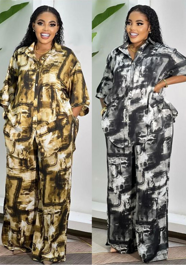 Summer Short Sleeve Printed Shirt & Straight Leg Pants Casual Two-Piece Set