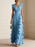 Women solid pleated short-sleeved V-neck chiffon dress