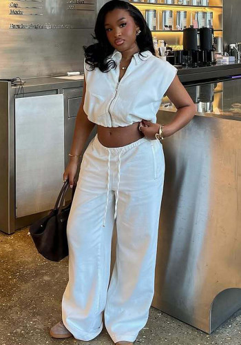 African Chic Sleeveless Zip Crop Top & High Waist Pants Two-Piece Set
