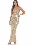 Sleeveless Women's Sequin Strap Low Back Lace-Up Bodycon Maxi Dress