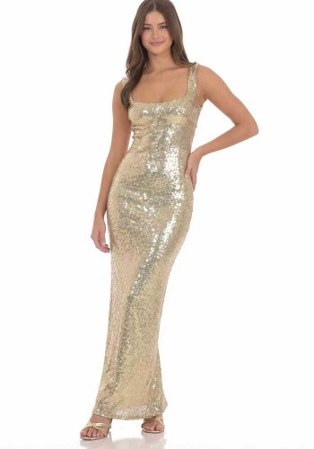 Sleeveless Women's Sequin Strap Low Back Lace-Up Bodycon Maxi Dress