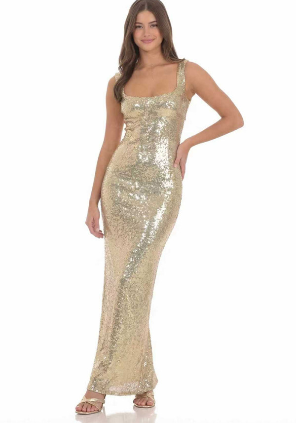 Sleeveless Women's Sequin Strap Low Back Lace-Up Bodycon Maxi Dress