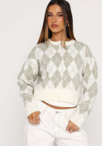 Women spring and autumn diamond pattern short knitting casual round neck sweater