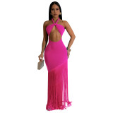Women's Summer Tassel Patchwork Halter Strapless Bodycon Dress