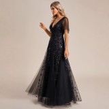 Women V-Neck Sequin Mesh Formal Party Dress（Processing time need 3-6 days）