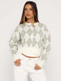 Women spring and autumn diamond pattern short knitting casual round neck sweater