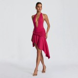 Women Summer Sexy Halter Neck V Neck Backless Bodysuit and Irregular Skirt Two-Piece Set