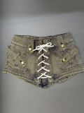 Summer Women's Washed Lace-Up Punk Low Rise Slim Fit Denim Shorts