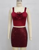 Burgundy Crop Cami Top & Sequin Bodycon Mini Skirt Two-Piece Set