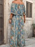 Plus Size Women Summer Holidays Print Off-Shoulder Top and Pant Two-Piece Set