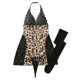 Women Halter Neck Lace Patchwork sexy leopard print see-through dress