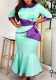 Plus Size Women Color Block Peter Pan Collar Large Bow Maxi Fishtail Bodycon Dress