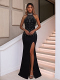 Fashion Beaded High Neck Sleeveless Front Slit Mermaid Evening Dress