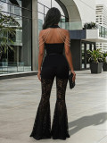 Sleeveless Turndown Collar Pearl Chain Top & Lace Bell Bottom Pants Two-Piece Set