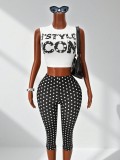 Women's Color Block Polka Dot Sleeveless Crop Top & Cropped Pants Tight Fitting Two-Piece Set