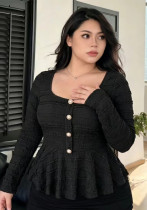 Plus Size Women's Square Neck Long Sleeve Textured Button Front Slim Waist Peplum Blouse Plus Size Women's Square Neck Long Sleeve Textured Button Front Slim Waist Peplum Blouse