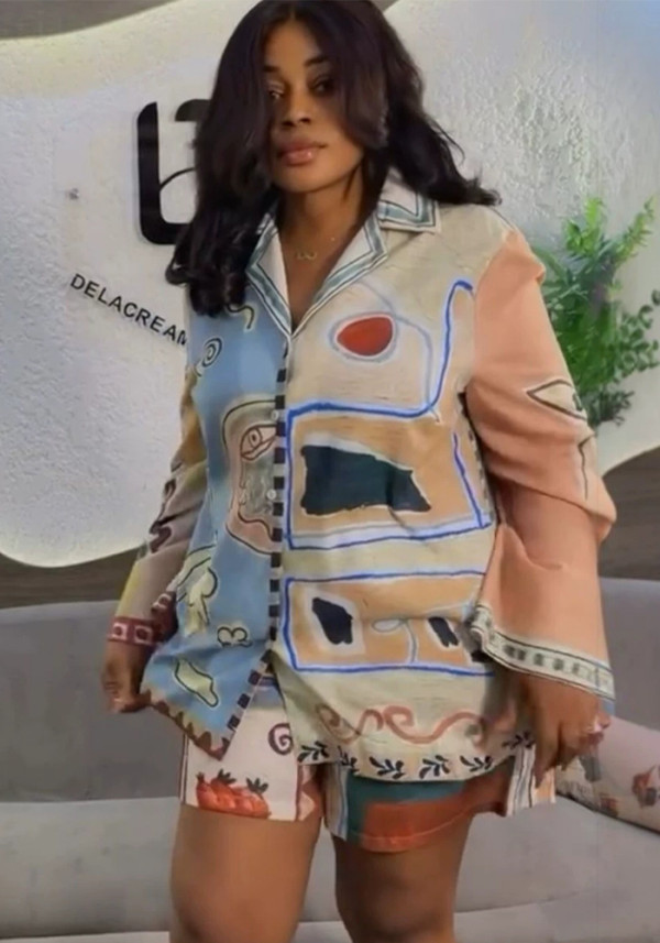 Summer Women's Loose Printed Shorts & Long Sleeve Turndown Collar Shirt Casual Two-Piece Set
