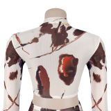 Printed Mesh See-Through Long Sleeve Crop Top & Slim Fit Flared Pants Two-Piece Set