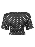 Polka Dot Off Shoulder T-Shirt with Side Waist Pleats Slim Waist Tight Fitting Crop Top