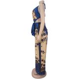 Women's Print Deep V-Neck Slim Waist Lace-Up Slit Wide Leg Holiday Jumpsuit