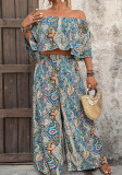 Plus Size Women Summer Holidays Print Off-Shoulder Top and Pant Two-Piece Set