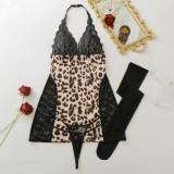 Women Halter Neck Lace Patchwork sexy leopard print see-through dress