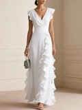 Women solid pleated short-sleeved V-neck chiffon dress