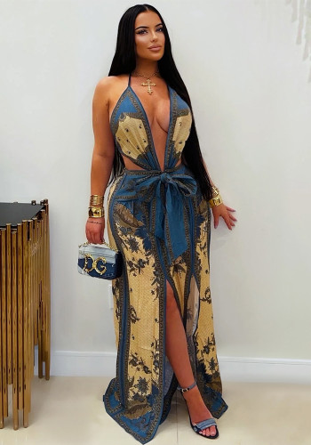 Women's Print Deep V-Neck Slim Waist Lace-Up Slit Wide Leg Holiday Jumpsuit