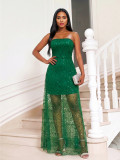 Green Sequin Strapless Mesh Overlay Slim Evening Dress