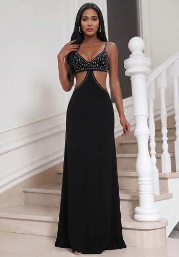 Beaded Sexy Strap Side Cut-Out Low Back Evening Dress