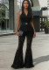 Sleeveless Turndown Collar Pearl Chain Top & Lace Bell Bottom Pants Two-Piece Set
