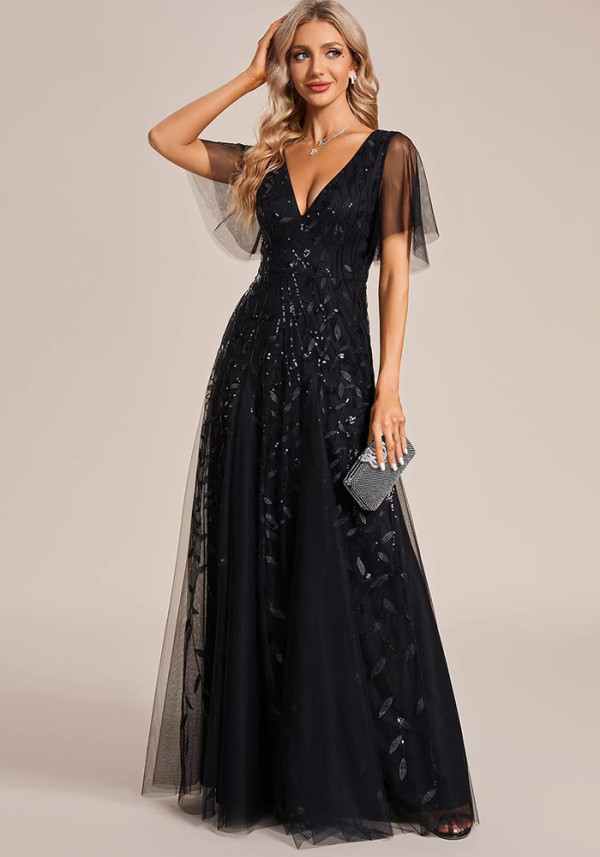 Women V-Neck Sequin Mesh Formal Party Dress（Processing time need 3-6 days）