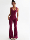 Women Yoga Leopard Print Sleeveless Bell Bottom Jumpsuit