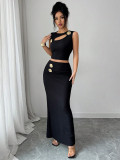 Women summer metallic hollow sleeveless top and skirt Two-piece set