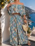 Plus Size Women Summer Holidays Print Off-Shoulder Top and Pant Two-Piece Set