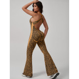 Women Yoga Leopard Print Sleeveless Bell Bottom Jumpsuit