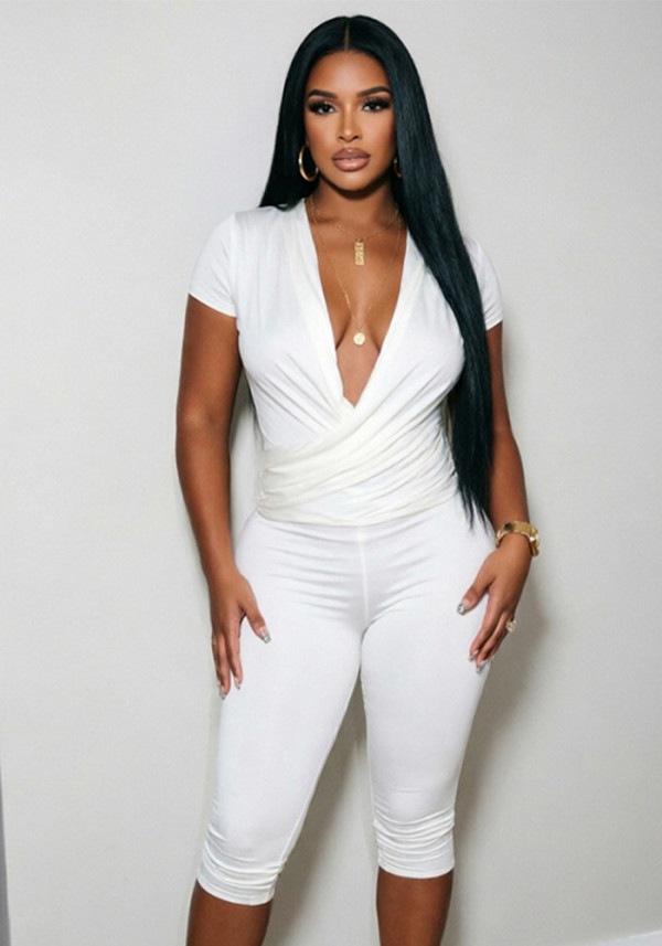 Women Autumn V-Neck Cross-Pleated Wrap-Up Short-Sleeved Top and Capri Pants Two-Piece Set