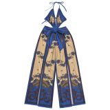 Women's Print Deep V-Neck Slim Waist Lace-Up Slit Wide Leg Holiday Jumpsuit