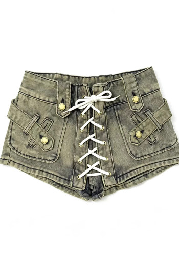 Summer Women's Washed Lace-Up Punk Low Rise Slim Fit Denim Shorts