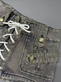 Summer Women's Washed Lace-Up Punk Low Rise Slim Fit Denim Shorts