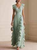 Women solid pleated short-sleeved V-neck chiffon dress