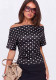 Polka Dot Off Shoulder T-Shirt with Side Waist Pleats Slim Waist Tight Fitting Crop Top